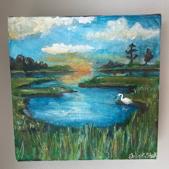 6 x 6 original marsh painting with egret. Acrylic paints. - Picture 6 of 7